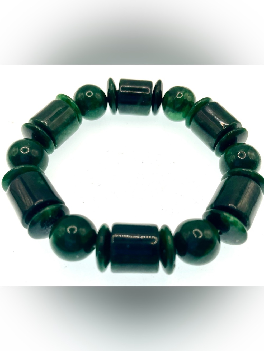 Vintage Dark Green Jade Stretch Bracelet Chunky Geometric Beaded Statement